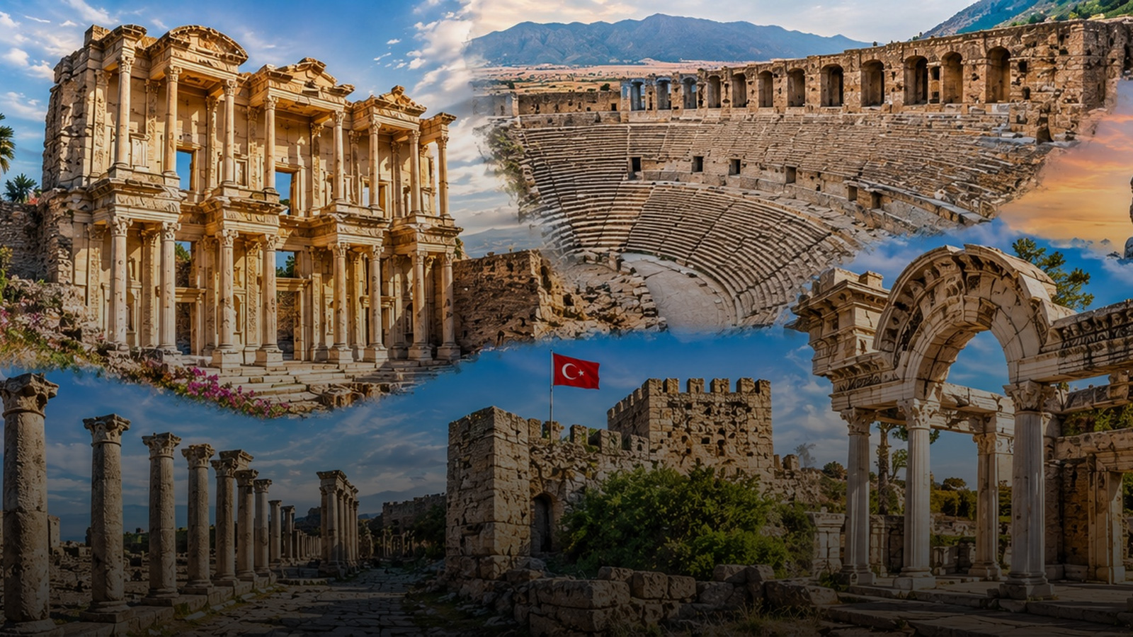 Efes, antik tiyatrolar ve Türkiye'deki antik kentlerden panoramik kolaj